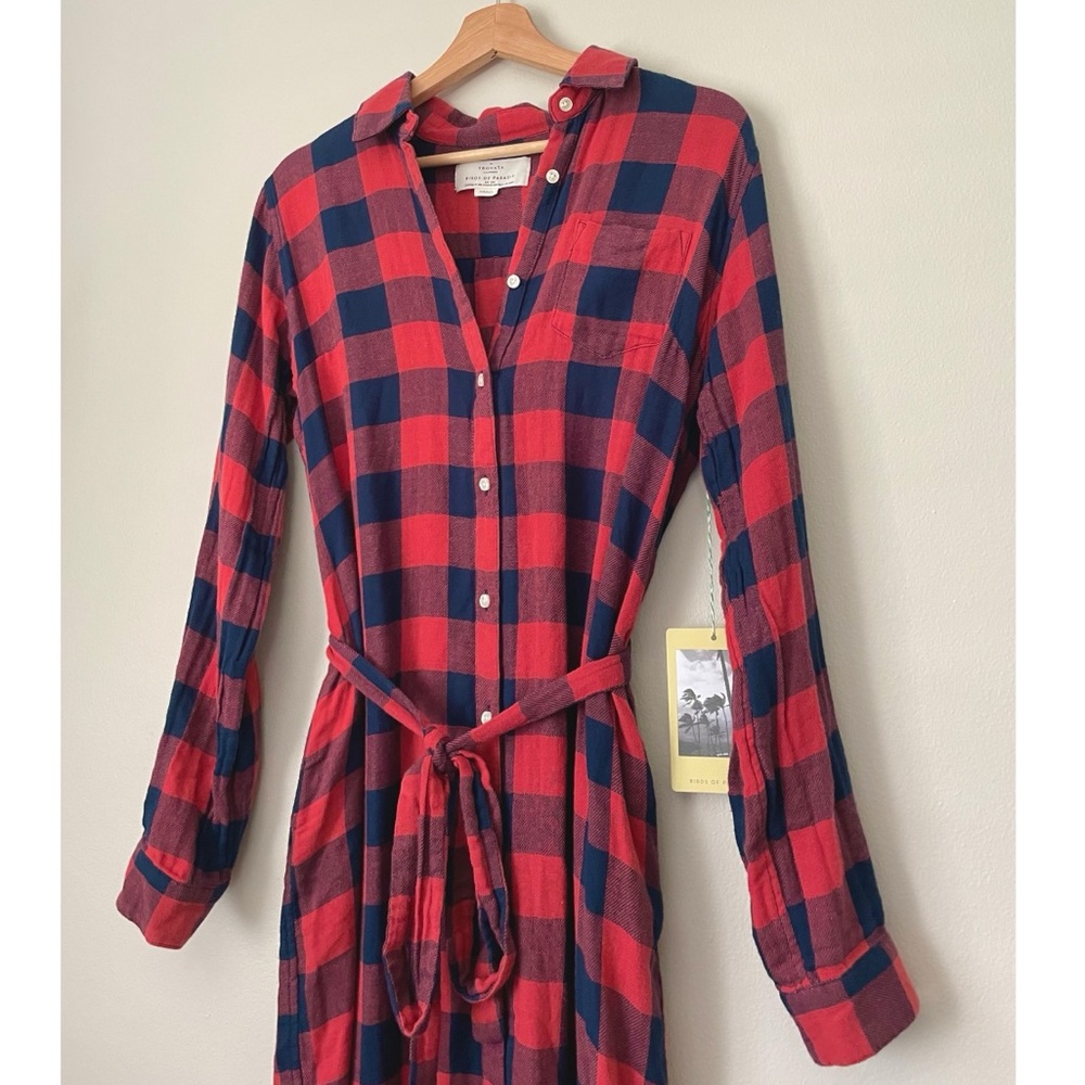 Trovata Navy & Red Buffalo Checkered Plaid Belted Midi Shirt Dress